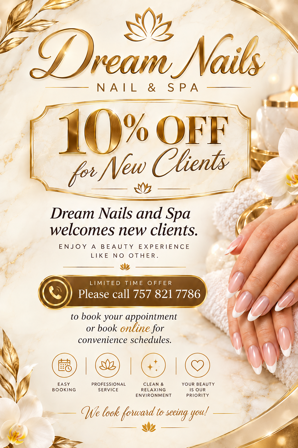 Dream Nails and Spa — 10% off for new clients. Call 757 821 7786 or book online.